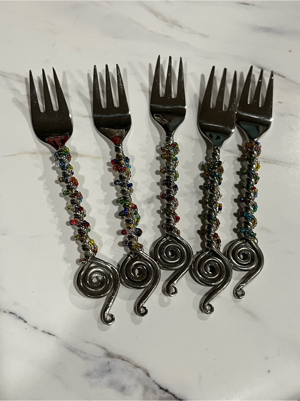 Multicolor Beaded Spiral Handle Dessert Forks - Set of 5